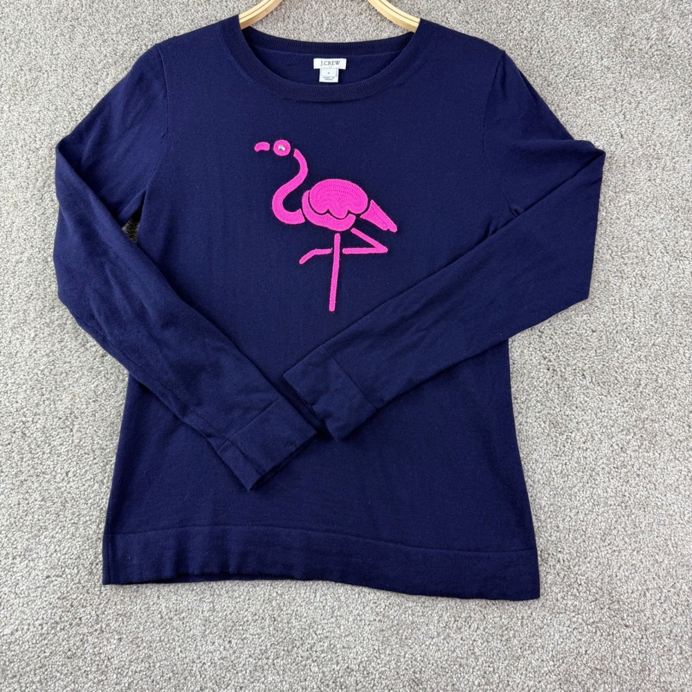 J.Crew Flamingo Sweater Size S Navy Blue Cotton Preppy Coastal Crew Neck